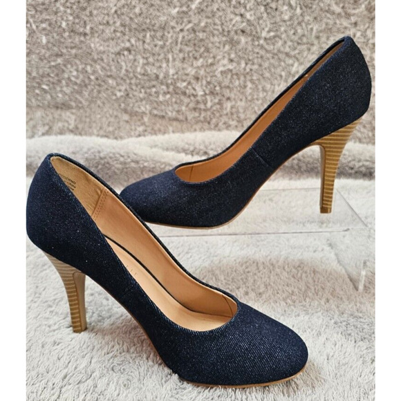 Kelly & Katie Coderno Pumps - Denim Round Toe Stacked Stiletto Heels sz 8 - 38.5 - Picture 1 of 6